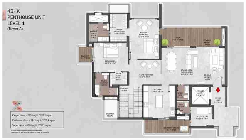 Floor plan for a 4 BHK penthouse unit, Level 1, Tower A at Silverglades Legacy: Carpet Area 2374 sq.ft., Super Area 4200 sq.ft., Exclusive Area 3145 sq.ft.