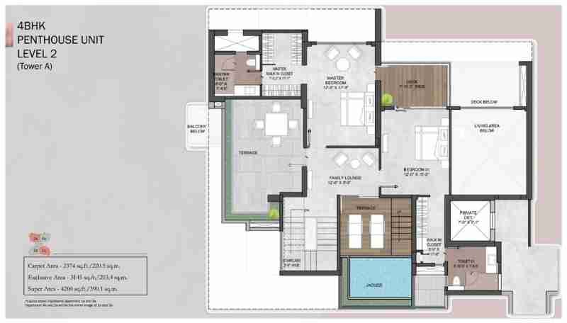 Floor plan for a 4 BHK penthouse unit, Level 2, Tower A at Silverglades Legacy: Carpet Area 2374 sq.ft., Super Area 4200 sq.ft., Exclusive Area 3145 sq.ft.